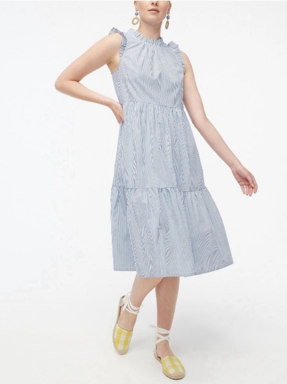J. Crew Tiered Midi Ruffle Dress 4 Blue White Stripe Preppy Resort Cruise Modest